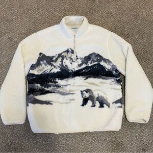 Old Navy Sweater 1/4 Zip Teddy Mountainscape Bear Novelty Sherpa Pockets Large